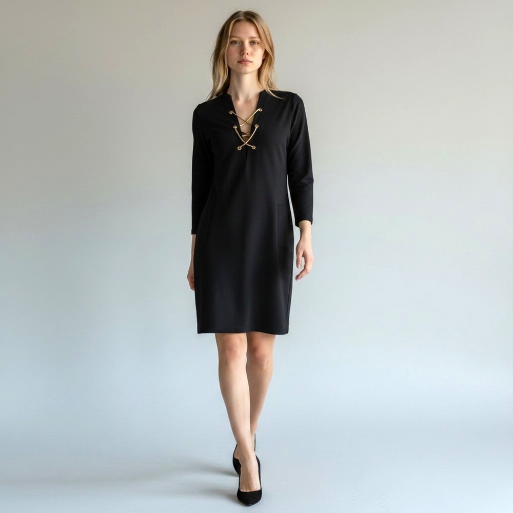 TUCKERNUCK NEW Black Tie Front Brigitte Knee Dress MED Cocktail Party Pockets
